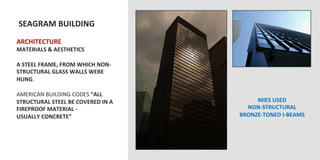  SEAGRAM	
  BUILDING	
  
	
  	
  
ARCHITECTURE	
  
MATERIALS	
  &	
  AESTHETICS	
  
	
  
A	
  STEEL	
  FRAME,	
  FROM	
  WHICH	
  NON-­‐
STRUCTURAL	
  GLASS	
  WALLS	
  WERE	
  
HUNG.	
  
	
  
AMERICAN	
  BUILDING	
  CODES	
  “ALL	
  
STRUCTURAL	
  STEEL	
  BE	
  COVERED	
  IN	
  A	
          MIES	
  USED	
  	
  
FIREPROOF	
  MATERIAL	
  -­‐	
                          NON-­‐STRUCTURAL	
  
USUALLY	
  CONCRETE”	
                                BRONZE-­‐TONED	
  I-­‐BEAMS	
  
	
  
 