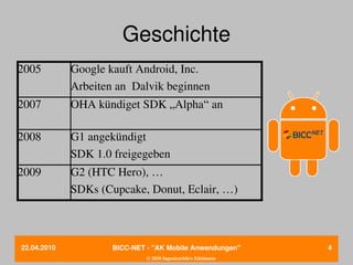 Geschichte
2005         Google kauft Android, Inc.
             Arbeiten an  Dalvik beginnen
2007         OHA kündiget SDK „Alpha“ an

2008         G1 angekündigt
             SDK 1.0 freigegeben
2009         G2 (HTC Hero), …
             SDKs (Cupcake, Donut, Eclair, …)



22.04.2010           BICC­NET ­ "AK Mobile Anwendungen"       4
                              © 2010 Ingenieurbüro Edelmann
 