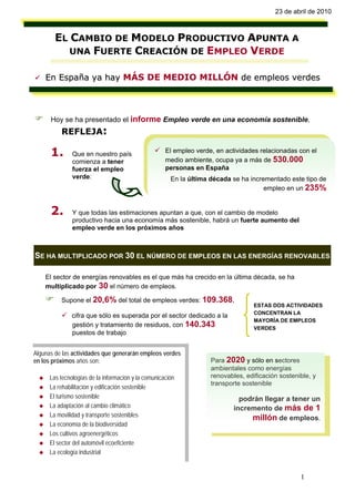 23 de abril de 2010



        EL CAMBIO DE MODELO PRODUCTIVO APUNTA A
           UNA FUERTE CREACIÓN DE EMPLEO VERDE

    En España ya hay MÁS DE MEDIO MILLÓN de empleos verdes




      Hoy se ha presentado el informe Empleo verde en una economía sostenible,
          REFLEJA:

      1.       Que en nuestro país
                                                     El empleo verde, en actividades relacionadas con el
                                                     medio ambiente, ocupa ya a más de 530.000
               comienza a tener
               fuerza el empleo                      personas en España
               verde:                                  En la última década se ha incrementado este tipo de
                                                                                      empleo en un 235%


      2.       Y que todas las estimaciones apuntan a que, con el cambio de modelo
               productivo hacia una economía más sostenible, habrá un fuerte aumento del
               empleo verde en los próximos años



SE HA MULTIPLICADO POR 30 EL NÚMERO DE EMPLEOS EN LAS ENERGÍAS RENOVABLES

    El sector de energías renovables es el que más ha crecido en la última década, se ha
    multiplicado por 30 el número de empleos.

          Supone el 20,6% del total de empleos verdes: 109.368,
                                                                                   ESTAS DOS ACTIVIDADES
                                                                                   CONCENTRAN LA
               cifra que sólo es superada por el sector dedicado a la
                                                                                   MAYORÍA DE EMPLEOS
               gestión y tratamiento de residuos, con 140.343                      VERDES
               puestos de trabajo


Algunas de las actividades que generarán empleos verdes
en los próximos años son:                                           Para 2020 y sólo en sectores
                                                                    ambientales como energías
      Las tecnologías de la información y la comunicación           renovables, edificación sostenible, y
                                                                    transporte sostenible
      La rehabilitación y edificación sostenible
      El turismo sostenible                                                   podrán llegar a tener un
      La adaptación al cambio climático                                     incremento de más de 1
      La movilidad y transporte sostenibles                                      millón de empleos.
      La economía de la biodiversidad
      Los cultivos agroenergéticos
      El sector del automóvil ecoeficiente
      La ecología industrial


                                                                                                   1
 