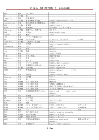 りゃくよこｗ：略語・横文字解読ツール　　2010.4.25 版


FDT            薬剤    ﾌﾗﾝﾄﾞﾙﾃｰﾌﾟ
Fe             その他   鉄
femur fx       診断    大腿骨骨折
FEN            その他   水・電解質・栄養              fluid/electrolyte/nutrition
ferokinetics   検査    鉄欠乏性貧血の検査採血           ﾌｪﾛｶｲﾈﾃｨｸｽ
FHx            その他   家族歴                   family history
FiO2           人呼    酸素濃度                  21～100％、又は 0.21～1.0
flare up       その他   増悪する・再燃する             ﾌﾚｱ ｱｯﾌﾟ
FOB            検査    便潜血                   fecal occult blood
folate         薬剤    葉酸                    ﾌｫﾚｰﾄ
fT4            検査    ﾌﾘｰ T4（甲状腺ﾎﾙﾓﾝ）
FQ             薬剤群   ﾌﾙｵﾛｷﾉﾛﾝ系             ｼﾌﾟﾛﾌﾛｷｻｼﾝ、ｸﾗﾋﾞｯﾄなど             抗生剤
full dose      その他   （薬剤の）最大量              ﾌﾙ ﾄﾞｰｽﾞ
FUO            病名    不明熱                   fever of unknown origin
furosemide     薬剤    ﾗｼｯｸｽ                 利尿
fx             病名    骨折                    fracture
fxn            その他   機能                    function
G              薬剤    ﾗﾝﾀｽ                  ｲﾝｽﾘﾝ：持効型
G染             検査    グラム染色                 細菌の染色法
gastritis      病名    胃炎                    ｶﾞｽﾄﾗｲﾃｨｽ
GB             解剖    胆のう                   gallbladder
GBS            病名    ｷﾞﾗﾝﾊﾞﾚｰ症候群           Guillain-Barre syndrome
GCS            所見    意識障害の評価方法             Glasgow coma scale
Gen            その他   全身状態                  general appearance
GERD           病名    胃食道逆流症                gastroesophageal         reflux
                                           disease
GI             解剖    消化管                   gastrointestinal tract
glaucoma       病名    緑内障                   ｸﾞﾗｺｰﾏ
glu            所見    糖                     glucose
GNC            細菌群   グラム陰性球菌               淋菌など
GNR            細菌群   グラム陰性桿菌               大腸菌、緑膿菌など
GPC            細菌群   グラム陽性球菌               黄色ブドウ球菌、肺炎球菌など
GPR            細菌群   グラム陽性桿菌               リステリア菌など
GTC            病名    全身性強直間代けいれん           generalized        tonic-clonic
                                           seizure
GU             病名    胃潰瘍                   gastric ulcer
GW             物品    ｶﾞｲﾄﾞﾜｲﾔｰ
H.pylori       細菌    ピロリ菌                  ﾍﾘｺﾊﾞｸﾀｰ ﾊﾟｲﾛﾘ
H/A            症状    頭痛                    headache
H1RA           薬剤群   ﾋｽﾀﾐﾝ 1 受容体ﾌﾞﾛｯｶｰ     ﾎﾟﾗﾗﾐﾝ、ﾚｽﾀﾐﾝなど                抗アレルギー
H2RA           薬剤群   ﾋｽﾀﾐﾝ２受容体ﾌﾞﾛｯｶｰ       ﾗﾆﾁｼﾞﾝ、ﾌﾟﾛﾃｶｼﾞﾝなど             胃潰瘍治療
hANP           薬剤    ﾊﾝﾌﾟ                                                利尿
HAP            病名    院内発症の肺炎               hospital-acquired pneumonia
HAV            病原体   A 型肝炎ｳｲﾙｽ             hepatitis A virus
HBV            病原体   B 型肝炎ｳｲﾙｽ             hepatitis B virus
HCAP           病名    医療行為関連肺炎              healthcare-associated         施設入所者など
                                           pneumonia
HCC            病名    肝細胞がん                 Hepatocellular carcinoma

                                         6 / 16
 