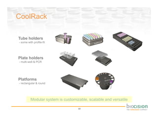 CoolRack

Tube holders
- some with profile-fit




Plate holders
- multi-well & PCR


                                                      bbbbbb



Platforms
- rectangular & round




          Modular system is customizable, scalable and versatile

                                    10
 