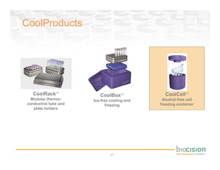 CoolProducts




  CoolRackTM             CoolBoxTM             CoolCellTM
  Modular thermo-     Ice-free cooling and    Alcohol-free cell
conductive tube and          freezing        freezing container
   plate holders




                              17
 
