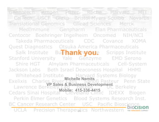 Genentech Amgen Pfizer              Roche      Harvard    MIT
  CalTech USCF Glaxo Bristol Myers Squibb Novartis
Translational Genomics       Gilead Sciences       Merck
    MedImmune         Genpharm           Elan Pharmaceuticals
Centocor Boehringer Ingelheim Oncomed NIH/NCI
   Takeda Pharmaceuticals          CDC      Covance     XOMA
Quest Diagnostics Otsuka America Pharmaceuticals
                       Thank you.
   Salk Institute Burnham Institute Scripps Institute
Stanford University Yale Genzyme                EMD Serono
   Shire HGT     Alnylam Pharmaceuticals          Cell-System
Jackson Labs Beth Israel Deaconess Hospital HHMI
   Whitehead Institute        Harvard Systems Biology
                         Michelle Nemits
Exelixis Charles River Labs Sanofi Pasteur Penn State
                VP Sales & Business Development
  Lawrence Berkeley Lab Batelle               UC Berkeley
                      Mobile: 415-336-4415
Cedars Sinai Hospital Cleveland Clinic IDEXX Biogen
  Perkin Elmer Genetics Blood Systems Research Inst.
BC Cancer Research Center USC Pacific Bioscience
  UCLA Precision Therapeutics Northwestern
                                23
 
