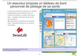 Un assureur propose un tableau de bord
          personnel de pilotage de sa santé
          L’assureur swissLife propose un portail
          d'applications permettant à tout un
          chacun de piloter sa santé, son bien-
          être... ( tableau de bord de soi et de
          ses proches).
              illustration concrète de la marque
          utile ( Branded Utility) ou la marque
          servicielle




http://digitas.fr/contents/agency/fr/press/pdf/cp_68.pdf
http://www.santeapps.com/Assistance


                                                           24
 