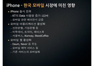 iPhone-한국모바일시장에미친영향
 • iPhone
   – KT Data                      122
     –
 •
     –         ,
     –         ,       ,
     –         , iKorway, iNeedCoffee
 •
     – Daum, Naver
     –
     –
 