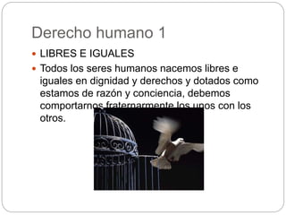 Derecho humano 1
 LIBRES E IGUALES
 Todos los seres humanos nacemos libres e
iguales en dignidad y derechos y dotados como
estamos de razón y conciencia, debemos
comportarnos fraternarmente los unos con los
otros.
 