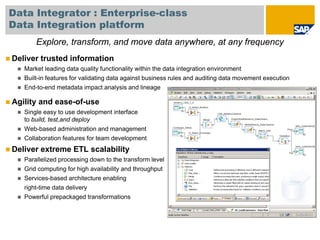 Data Integrator : Enterprise-class
Data Integration platform
       Explore, transform, and move data anywhere, at any frequency
Deliver trusted information
   Market leading data quality functionality within the data integration environment
   Built-in features for validating data against business rules and auditing data movement execution
   End-to-end metadata impact analysis and lineage

Agility and ease-of-use
   Single easy to use development interface
   to build, test,and deploy
   Web-based administration and management
   Collaboration features for team development
Deliver extreme ETL scalability
   Parallelized processing down to the transform level
   Grid computing for high availability and throughput
   Services-based architecture enabling
   right-time data delivery
   Powerful prepackaged transformations
 