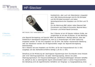 HF-Stecker

                                                           Audiotechnik, aber auch als Datenstecker eingesetzt
                                                           wird. BNC-Steckverbindungen sind für RG-58-Kabel
                                                           und RG-59-Kabel konzipiert und haben
                                                           dementsprechend eine Impedanz von 50 Ohm und 75
                                                           Ohm.
                                                           Für die Abkürzung BNC stehen neben Bayonet Neil
                                                           Concelmann auch Baby-N-Connector, Bayonet-Navy-
                                                           Connector und British-Naval-Connector.

                   BNC-Stecker, Foto: media,digikey.com
C-Stecker                                                 Der C-Stecker ist ein HF-Stecker mittlerer Größe, der
C connector                                               vergleichbar ist mit dem N-Stecker. Er hat allerdings
                   eine Bajonet-Verriegelung und benutzt Teflon als Dielektrikum. Bedingt dadurch, dass das
                   Dielektrikum überlappend ausgeführt ist, kann er in Anwendungen mit hoher Spannung
                   eingesetzt werden. Er hat eine Impedanz von 50 Ohm. Bei starker mechanischer Belastung
                   oder bei Vibrationen werden die HF-Eigenschaften wegen der Bajonett-Verriegelung
                   beeinträchtigt.
                   Der C-Stecker hat eine Impedanz von 50 Ohm, ist für den Frequenzbereich bis 11 GHz
                   ausgelegt und das Stehwellenverhältnis beträgt 1,35 bis 11 GHz.


Dämpfung           Dämpfung ist die Minderung der übertragenen Signalenergie beim Durchlaufen eines Vierpols
ATT, attenuation   oder einer Übertragungsstrecke. Da jeder Übertragungsweg, ebenso wie jedes
                   Übertragungsmedium mit frequenzunabhängigen und frequenzabhängigen Verlusten behaftet
                   ist, dämpft es das zu übertragende Signal unterschiedlich stark in seinen Frequenzanteilen.
                   Die Dämpfung wird als logarithmisches Verhältnis von Eingangs- zu Ausgangsleistung eines
                                                                                                                  10
 