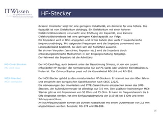 HF-Stecker

                  dickerer Innenleiter sorgt für eine geringere Induktivität, ein dünnerer für eine höhere. Die
                  Kapazität ist vom Dielektrikum abhängig. Ein Dielektrikum mit einer höheren
                  Dielektrizitätskonstante verursacht eine Erhöhung der Kapazität, eine kleinere
                  Dielektrizitätskonstante hat eine geringere Kabelkapazität zur Folge.
                  Die Impedanz wird in Ohm angegeben und ist bei Kabeln über weite Frequenzbereiche
                  frequenzunabhängig. Mit steigenden Frequenzen wird die Impedanz zunehmend vom
                  Leiterwiderstand bestimmt, bei dem sich der Skineffekt auswirkt.
                  Bei aktiven Vierpolen (Verstärker, Repeater etc.) wird die Impedanz durch
                  entwicklungstechnische Maßnahmen in der Eingangsschaltung festgelegt.
                  Der Kehrwert der Impedanz ist die Admittanz.


MC-Card-Stecker   Der MC-Card-Plug, auch bekannt unter der Bezeichnung Orinoco, ist ein von Lucent
MC card plug      entwickelter HF-Stecker, der normalerweise nur auf PC-Cards oder anderen Kleinstboards zu
                  finden ist. Der Orinoco-Stecker passt auf die Koaxialkabel RG-114 und RG-316.


MCX-Stecker       Der MCX-Stecker gehört zu den miniaturisierten HF-Steckern. Er stammt aus den 80er Jahren
MCX connector     und entspricht den europäischen Spezifikationen nach CECC 22220.
                  Die Abmessungen des Innenleiters und PTFE-Dielektrikums entsprechen denen des SMB-
                  Steckers, der Außendurchmesser ist allerdings nur 3,5 mm. Den qualitativ hochwertigen MCX-
                  Stecker gibt es mit Impedanzen von 50 Ohm und 75 Ohm. Er kann im Frequenzbereich bis 6
                  GHz eingesetzt werden, hat eine Einfügungsdämpfung von 0,10 dB bei 1 GHz und einen
                  Schnappverschluss.
                  An Hochfrequenzkabeln können die dünnen Koaxialkabel mit einem Durchmesser von 2,5 mm
                  angeschlossen werden. Beispiele: RG-174 und RG-188.
                                                                                                                  16
 