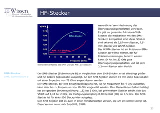 HF-Stecker

                                                                               wesentliche Verschlechterung der
                                                                               Übertragungseigenschaften vertragen.
                                                                               Es gibt so genannte Präzisions-SMA-
                                                                               Stecker, die mechanisch mit den SMA-
                                                                               Steckern kompatibel sind, diese Stecker
                                                                               sind bekannt als 2,92-mm-Stecker, 3,5-
                                                                               mm-Stecker und WSMA-Stecker.
                                                                               Der WSMA-Stecker ist ein Präzisions-SMA-
                                                                               Stecker der Firma Wiltron, der für
                                                                               Präzisionsmessungen benutzt werden
                                                                               kann. Er hat bis 33 GHz gute
                                                                               Übertragungseigenschaften und ist dem
                      Stehwellenverhältnis des SMA- und des APC-3.5-Steckers
                                                                               3,5-mm-Stecker sehr ähnlich.


SMB-Stecker           Der SMB-Stecker (Subminiature B) ist vergleichbar dem SMA-Stecker, er ist allerdings größer
SMB, subminiature B   und für dickere Koaxialkabel ausgelegt. An den SMB-Stecker können 10 mm dicke Koaxialkabel
                      mit einer Impedanz von 75 Ohm angeschlossen werden.
                      Der SMB-Stecker, der eine Einschnappkupplung hat, ist für Frequenzen bis 4 GHz ausgelegt,
                      kann aber bis zu Frequenzen von 10 GHz eingesetzt werden. Das Stehwellenverhältnis beträgt
                      bei der geraden Steckerausführung 1,33 bei 2 GHz, bei gewinkeltem Stecker erhöht sich das
                      VSWR auf 1,43 bei 2 GHz, die Einfügungsdämpfung 0,30 Dezibel (dB) bei 1,5 GHz. Der SMB-
                      Stecker ist für etwa 500 Steckzyklen ausgelegt.
                      Den SMB-Stecker gibt es auch in einer miniaturisierten Version, die um ein Drittel kleiner ist.
                      Diese Version nennt sich Sub-SMB, SSMB.
                                                                                                                          23
 