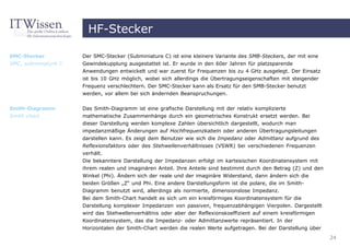HF-Stecker

SMC-Stecker           Der SMC-Stecker (Subminiature C) ist eine kleinere Variante des SMB-Steckers, der mit eine
SMC, subminiature C   Gewindekupplung ausgestattet ist. Er wurde in den 60er Jahren für platzsparende
                      Anwendungen entwickelt und war zuerst für Frequenzen bis zu 4 GHz ausgelegt. Der Einsatz
                      ist bis 10 GHz möglich, wobei sich allerdings die Übertragungseigenschaften mit steigender
                      Frequenz verschlechtern. Der SMC-Stecker kann als Ersatz für den SMB-Stecker benutzt
                      werden, vor allem bei sich ändernden Beanspruchungen.


Smith-Diagramm        Das Smith-Diagramm ist eine grafische Darstellung mit der relativ komplizierte
Smith chart           mathematische Zusammenhänge durch ein geometrisches Konstrukt ersetzt werden. Bei
                      dieser Darstellung werden komplexe Zahlen übersichtlich dargestellt, wodurch man
                      impedanzmäßige Änderungen auf Hochfrequenzkabeln oder anderen Übertragungsleitungen
                      darstellen kann. Es zeigt dem Benutzer wie sich die Impedanz oder Admittanz aufgrund des
                      Reflexionsfaktors oder des Stehwellenverhältnisses (VSWR) bei verschiedenen Frequenzen
                      verhält.
                      Die bekanntere Darstellung der Impedanzen erfolgt im kartesischen Koordinatensystem mit
                      ihrem realen und imaginären Anteil. Ihre Anteile sind bestimmt durch den Betrag (Z) und den
                      Winkel (Phi). Ändern sich der reale und der imaginäre Widerstand, dann ändern sich die
                      beiden Größen „Z“ und Phi. Eine andere Darstellungsform ist die polare, die im Smith-
                      Diagramm benutzt wird, allerdings als normierte, dimensionslose Impedanz.
                      Bei dem Smith-Chart handelt es sich um ein kreisförmiges Koordinatensystem für die
                      Darstellung komplexer Impedanzen von passiven, frequenzabhängigen Vierpolen. Dargestellt
                      wird das Stehwellenverhältnis oder aber der Reflexionskoeffizient auf einem kreisförmigen
                      Koordinatensystem, das die Impedanz- oder Admittanzwerte repräsentiert. In der
                      Horizontalen der Smith-Chart werden die realen Werte aufgetragen. Bei der Darstellung über
                                                                                                                    24
 
