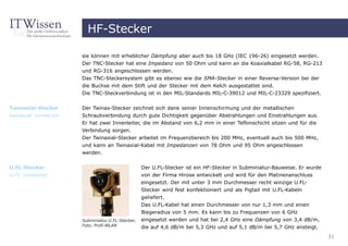 HF-Stecker

                      sie können mit erheblicher Dämpfung aber auch bis 18 GHz (IEC 196-26) eingesetzt werden.
                      Der TNC-Stecker hat eine Impedanz von 50 Ohm und kann an die Koaxialkabel RG-58, RG-213
                      und RG-316 angeschlossen werden.
                      Das TNC-Steckersystem gibt es ebenso wie die SMA-Stecker in einer Reverse-Version bei der
                      die Buchse mit dem Stift und der Stecker mit dem Kelch ausgestattet sind.
                      Die TNC-Steckverbindung ist in den MIL-Standards MIL-C-39012 und MIL-C-23329 spezifiziert.


Twinaxial-Stecker     Der Twinax-Stecker zeichnet sich dank seiner Innenschirmung und der metallischen
twinaxial connector   Schraubverbindung durch gute Dichtigkeit gegenüber Abstrahlungen und Einstrahlungen aus.
                      Er hat zwei Innenleiter, die im Abstand von 6,2 mm in einer Teflonschicht sitzen und für die
                      Verbindung sorgen.
                      Der Twinaxial-Stecker arbeitet im Frequenzbereich bis 200 MHz, eventuell auch bis 500 MHz,
                      und kann an Twinaxial-Kabel mit Impedanzen von 78 Ohm und 95 Ohm angeschlossen
                      werden.


U.FL-Stecker                                 Der U.FL-Stecker ist ein HF-Stecker in Subminiatur-Bauweise. Er wurde
U.FL connector                               von der Firma Hirose entwickelt und wird für den Platinenanschluss
                                             eingesetzt. Der mit unter 3 mm Durchmesser recht winzige U.FL-
                                             Stecker wird fest konfektioniert und als Pigtail mit U.FL-Kabeln
                                             geliefert.
                                                Das U.FL-Kabel hat einen Durchmesser von nur 1,3 mm und einen
                                                Biegeradius von 5 mm. Es kann bis zu Frequenzen von 6 GHz
                      Subminiatur U.FL-Stecker, eingesetzt werden und hat bei 2,4 GHz eine Dämpfung von 3,4 dB/m,
                      Foto: Profi-WLAN          die auf 4,6 dB/m bei 5,3 GHz und auf 5,1 dB/m bei 5,7 GHz ansteigt.
                                                                                                                      31
 