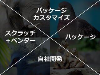 パッケージ
    カスタマイズ

スクラッチ
               パッケージ
＋ベンダー


        自社開発
 