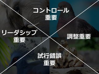 コントロール
       重要

リーダシップ
            調整重要
  重要

     試行錯誤
      重要
 