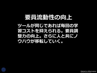 要員流動性の向上
ツールが同じであれば毎回の学
習コストを抑えられる。要員調
整力の向上。さらに人と共にノ
ウハウが移転していく。
 