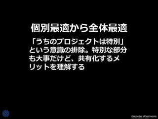 個別最適から全体最適
「うちのプロジェクトは特別」
という意識の排除。特別な部分
も大事だけど、共有化するメ
リットを理解する
 