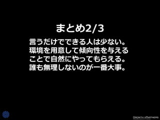 まとめ2/3
言うだけでできる人は少ない。
環境を用意して傾向性を与える
ことで自然にやってもらえる。
誰も無理しないのが一番大事。
 