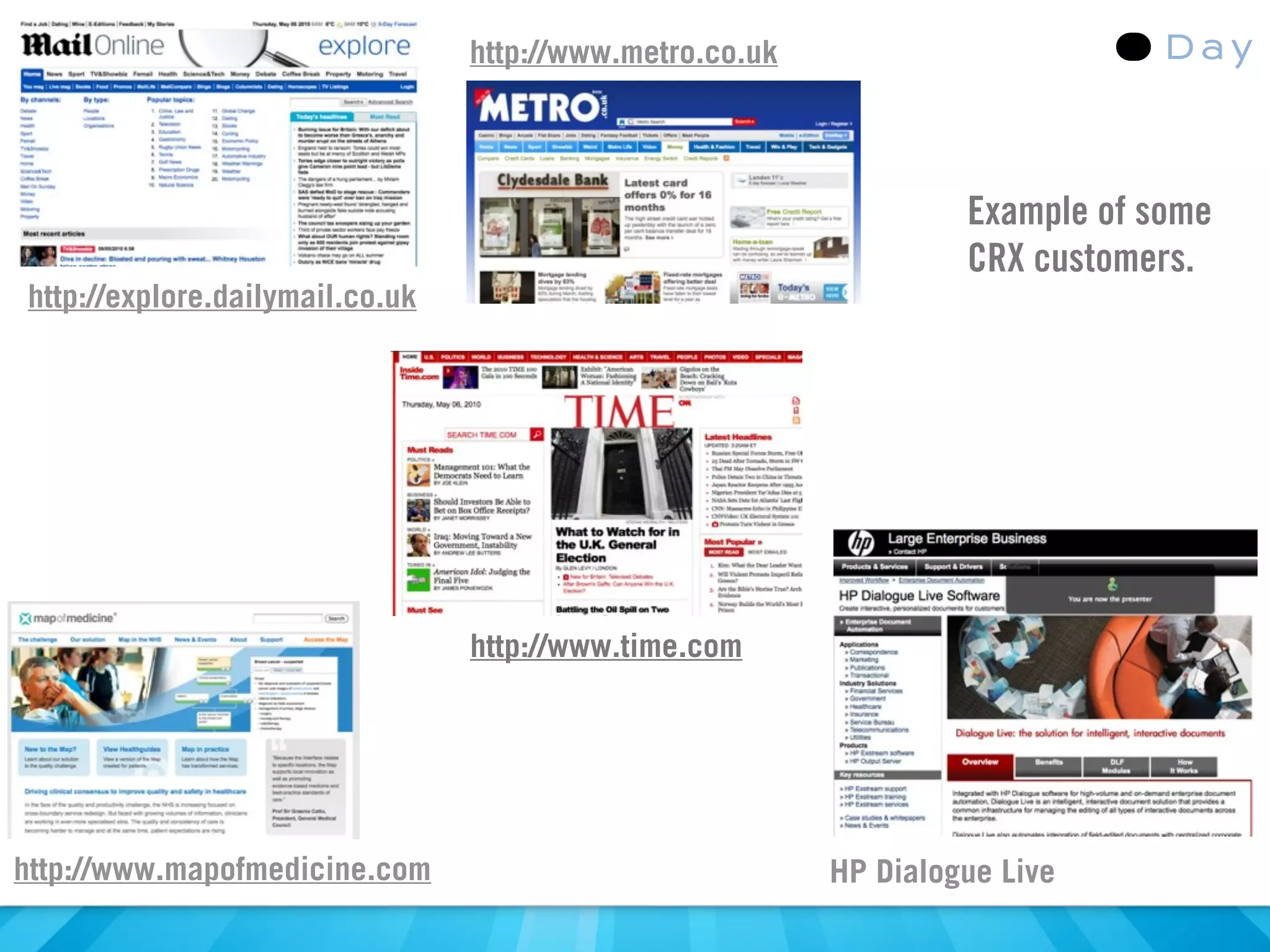 http://www.metro.co.uk




                                                                   Example of some
                                                                   CRX customers.
http://explore.dailymail.co.uk




                                 http://www.time.com




http://www.mapofmedicine.com                              HP Dialogue Live
 
