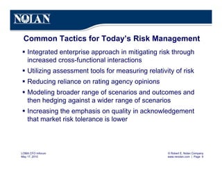 © Robert E. Nolan Company
www.renolan.com | Page 9
LOMA CFO Inforum
May 17, 2010
Common Tactics for Today’s Risk Management
§ Integrated enterprise approach in mitigating risk through
increased cross-functional interactions
§ Utilizing assessment tools for measuring relativity of risk
§ Reducing reliance on rating agency opinions
§ Modeling broader range of scenarios and outcomes and
then hedging against a wider range of scenarios
§ Increasing the emphasis on quality in acknowledgement
that market risk tolerance is lower
 
