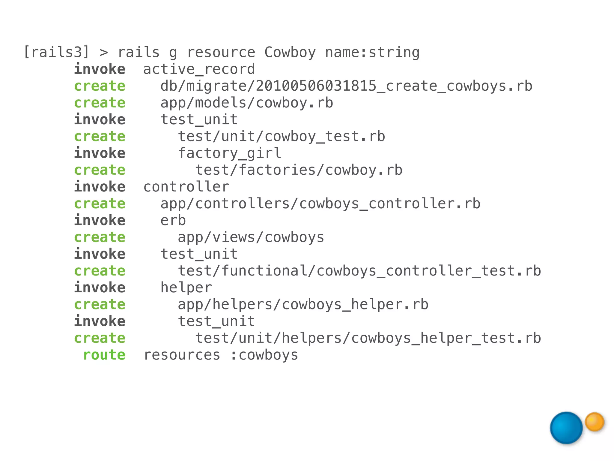 [rails3] > rails g resource Cowboy name:string
      invoke active_record
      create    db/migrate/20100506031815_create_cowboys.rb
      create    app/models/cowboy.rb
      invoke    test_unit
      create      test/unit/cowboy_test.rb
      invoke      factory_girl
      create        test/factories/cowboy.rb
      invoke controller
      create    app/controllers/cowboys_controller.rb
      invoke    erb
      create      app/views/cowboys
      invoke    test_unit
      create      test/functional/cowboys_controller_test.rb
      invoke    helper
      create      app/helpers/cowboys_helper.rb
      invoke      test_unit
      create        test/unit/helpers/cowboys_helper_test.rb
       route resources :cowboys
 