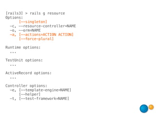 [rails3] > rails g resource
Options:
      [--singleton]
  -c, --resource-controller=NAME
  -o, --orm=NAME
  -a, [--actions=ACTION ACTION]
      [--force-plural]

Runtime options:
  ...

TestUnit options:
  ...

ActiveRecord options:
  ...

Controller options:
  -e, [--template-engine=NAME]
      [--helper]
  -t, [--test-framework=NAME]
 