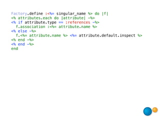 Factory.define :<%= singular_name %> do |f|
<% attributes.each do |attribute| -%>
<% if attribute.type == :references -%>
  f.association :<%= attribute.name %>
<% else -%>
  f.<%= attribute.name %> <%= attribute.default.inspect %>
<% end -%>
<% end -%>
end
 
