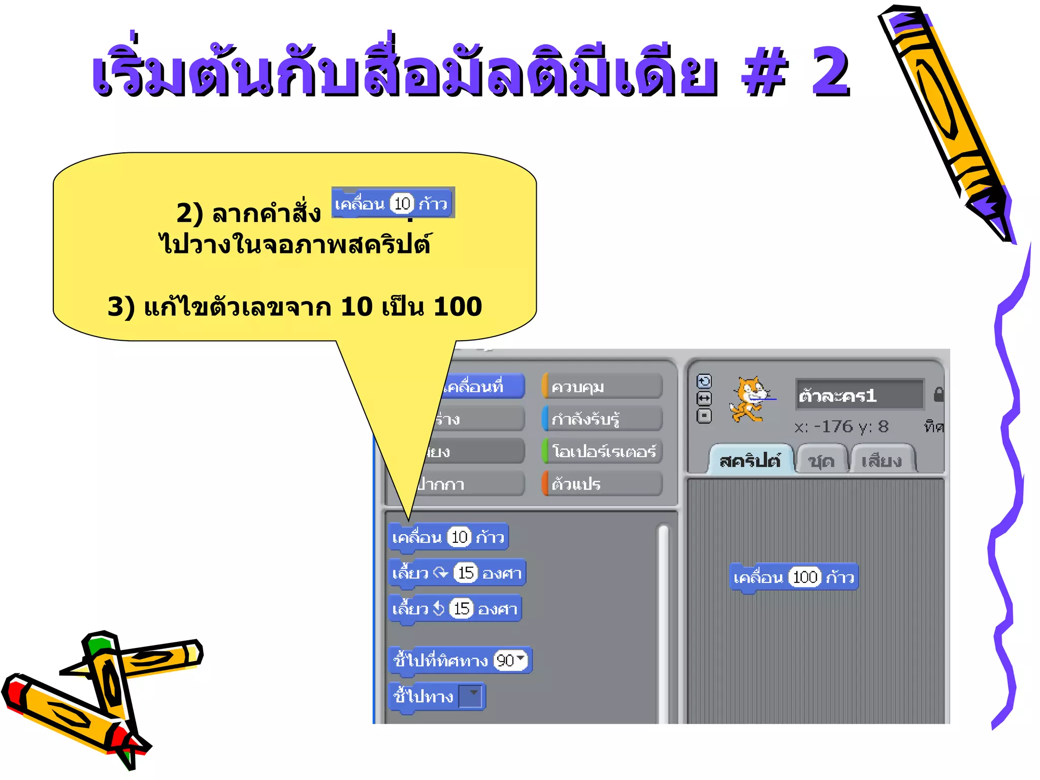 เริ่มต้นกับสื่อมัลติมีเดีย  # 2 2)  ลากคำสั่ง  . ไปวางในจอภาพสคริปต์ 3)  แก้ไขตัวเลขจาก  10  เป็น  100 