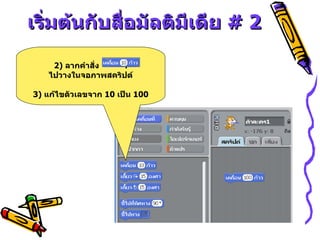 เริ่มต้นกับสื่อมัลติมีเดีย  # 2 2)  ลากคำสั่ง  . ไปวางในจอภาพสคริปต์ 3)  แก้ไขตัวเลขจาก  10  เป็น  100 