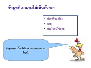 ข*อมลท"เรามองไม'เห%นด*วยตา
                             • ประวตของวตถ
                             • อาย
                             • ประโยชนใช*สอย




ข*อมลเหล'าน-จะได*มาจากการสอบถาม
               ส.บค*น
 