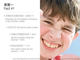Fact #1

•                                    2009.11
    Research by The Nielsen Company
    in the US (Nov. 2009)

     •                During the past 5 years


         •                                  ^ 55%
             seniors actively using the
             Internet ^ 55%

         •                       ^ 11%
             time spent online by the
             seniors ^ 11%


               Source: http://blog.nielsen.com/nielsenwire/online_mobile/six-million-more-seniors-using-the-web-than-ﬁve-years-ago/
 