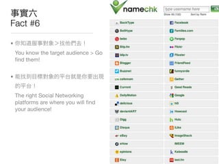 Fact #6

•
    You know the target audience > Go
    ﬁnd them!


•


    The right Social Networking
    platforms are where you will ﬁnd
    your audience!
 