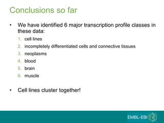 Conclusions so far We have identified 6 major transcription profile classes in these data:  cell lines incompletely differentiated cells and connective tissues neoplasms  blood  brain  muscle Cell lines cluster together!  