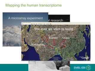 Mapping the human transcriptome Traditional research A microarray experiment Everest Lhasa Kathmandu The map we want to build 