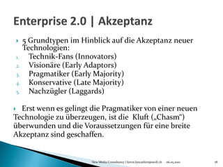   5 Grundtypen im Hinblick auf die Akzeptanz neuer
   Technologien:
1.   Technik-Fans (Innovators)
2.   Visionäre (Early Adaptors)
3.   Pragmatiker (Early Majority)
4.   Konservative (Late Majority)
5.   Nachzügler (Laggards)

 Erst wenn es gelingt die Pragmatiker von einer neuen
Technologie zu überzeugen, ist die Kluft („Chasm“)
überwunden und die Voraussetzungen für eine breite
Akzeptanz sind geschaffen.


                       New Media Consultancy | kevin.lancashire@swift.ch   06.05.2010   78
 