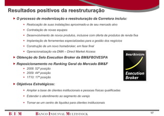 Resultados positivos da reestruturação
   O processo de modernização e reestruturação da Corretora incluiu:
         Realocação de suas instalações aproximado-a de seu mercado alvo
         Contratação de novas equipes
         Desenvolvimento de novos produtos, inclusive com oferta de produtos de renda fixa
         Implantação de ferramentas especializadas para a gestão dos negócios
         Construção de um novo homebroker, em fase final
         Operacionalização via DMA – Direct Market Access
   Obtenção do Selo Execution Broker da BM&FBOVESPA
   Reposicionamento no Ranking Geral do Mercado BM&F
         2008: 52ª posição
         2009: 44ª posição
         1T10: 17ª posição

   Objetivos Estratégicos:
         Ampliar a base de clientes institucionais e pessoas físicas qualificadas
         Estender o atendimento ao segmento de varejo

         Tornar-se um centro de liquidez para clientes institucionais


                                                                                             17
 