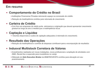 Em resumo
 Comportamento do Crédito no Brasil
   Instituições Financeiras Privadas retomando espaço na concessão de crédito.
   Redução da Inadimplência contribui para retomada de crescimento

 Carteira de Crédito
   Com foco em empresas de médio porte, retomamos a originação que deverá apresentar crescimento
   gradual ao longo do ano à medida que a inadimplência recua.

 Captação e Liquidez
   Volumes disponíveis e custos de captação adequados à retomada do crescimento.


 Resultado das Operações
   Redução da inadimplência e controle de despesas contribuem para a recomposição de resultados


 Indusval Multistock Corretora de Valores
   Investimentos realizados em novas instalações, novos profissionais e ampliação de atividades com
   DMA, Renda fixa e expansão para investidores no varejo
   Obtenção do Selo Execution Broker da BM&FBOVESPA contribui para elevação em seu
   posicionamento


                                                                                                  21
 