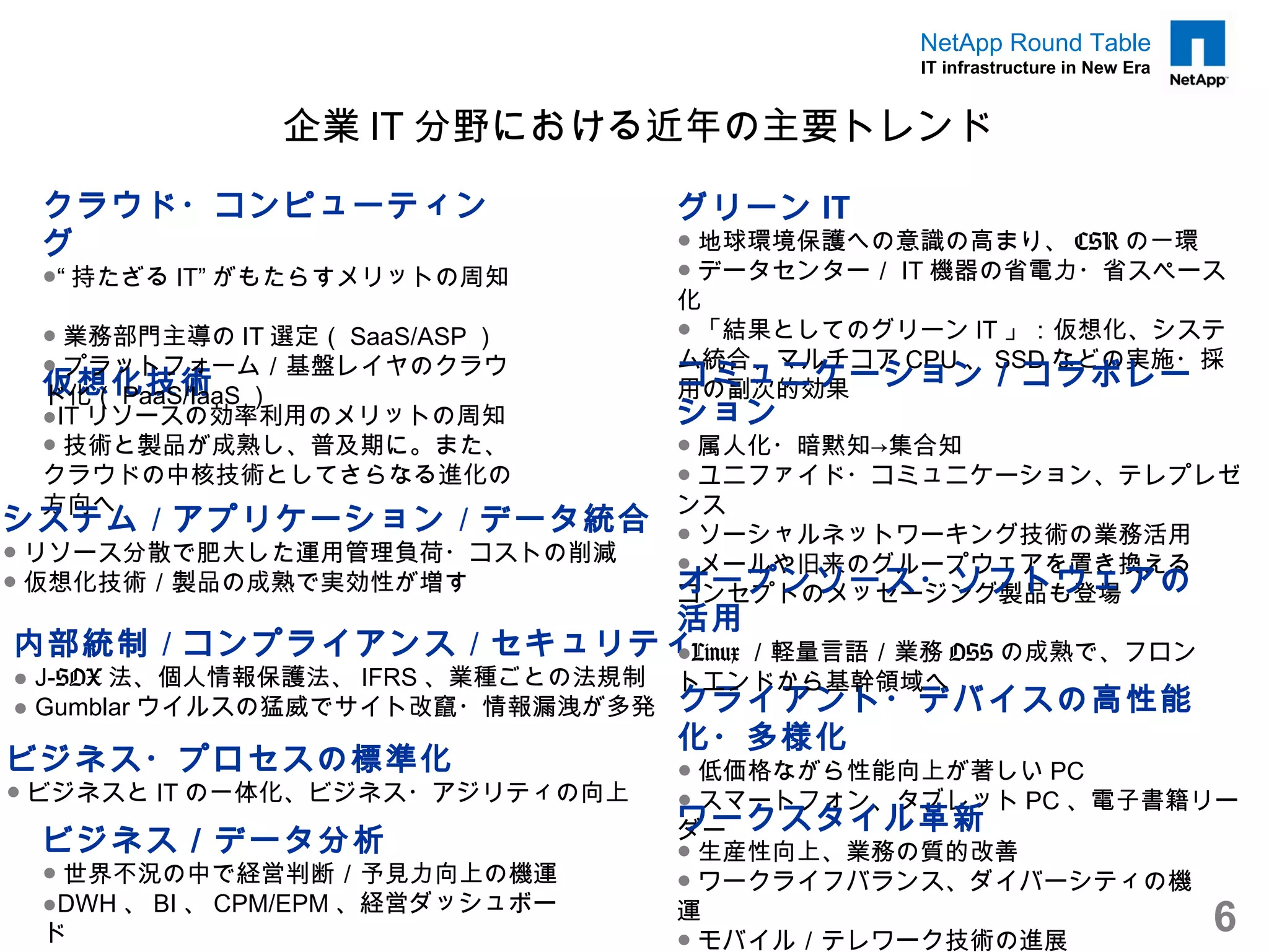 NetApp Round Table
                                             IT infrastructure in New Era


              企業 IT 分野における近年の主要トレンド
 クラウド・コンピューティン                   グリーン IT
 グ                               ● 地球環境保護への意識の高まり、 CSR の一環
 ●“ 持たざる IT” がもたらすメリットの周知        ● データセンター／ IT 機器の省電力・省スペース
 　                               化
 ● 業務部門主導の IT 選定（ SaaS/ASP ）     ● 「結果としてのグリーン IT 」：仮想化、システ
 ● プラットフォーム／基盤レイヤのクラウ            ム統合、マルチコア CPU 、 SSD などの実施・採
 仮想化技術 ）                         コミュニケーション／コラボレー
                                 用の副次的効果
 ド化（ PaaS/IaaS
 ●IT リソースの効率利用のメリットの周知           ション
 ● 技術と製品が成熟し、普及期に。また、            ● 属人化・暗黙知→集合知　
 クラウドの中核技術としてさらなる進化の             ● ユニファイド・コミュニケーション、テレプレゼ
 方向へ                             ンス
システム／アプリケーション／データ統合              ● ソーシャルネットワーキング技術の業務活用
● リソース分散で肥大した運用管理負荷・コストの削減       ● メールや旧来のグループウェアを置き換える
● 仮想化技術／製品の成熟で実効性が増す             オープンソース・ソフトウェアの
                                 コンセプトのメッセージング製品も登場
                   活用
内部統制／コンプライアンス／セキュリティ
                   ●Linux ／軽量言語／業務 OSS の成熟で、フロン
● J-SOX 法、個人情報保護法、 IFRS 、業種ごとの法規制 トエンドから基幹領域へ
● Gumblar ウイルスの猛威でサイト改竄・情報漏洩が多発 クライアント・デバイスの高性能
                                 化・多様化
ビジネス・プロセスの標準化                    ● 低価格ながら性能向上が著しい PC
● ビジネスと IT の一体化、ビジネス・アジリティの向上    ● スマートフォン、タブレット PC 、電子書籍リー
                                 ワークスタイル革新
                                 ダー
 ビジネス／データ分析                      ● 生産性向上、業務の質的改善
 ● 世界不況の中で経営判断／予見力向上の機運          ● ワークライフバランス、ダイバーシティの機
 ●DWH 、 BI 、 CPM/EPM 、経営ダッシュボー
 ド
                                 運
                                 ● モバイル／テレワーク技術の進展
                                                                            6
 