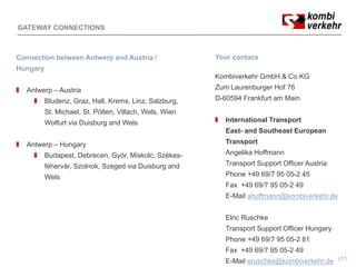 GATEWAY CONNECTIONS



Connection between Antwerp and Austria /                 Your contacs
Hungary
                                                         Kombiverkehr GmbH & Co KG
  Antwerp – Austria                                      Zum Laurenburger Hof 76
          Bludenz, Graz, Hall, Krems, Linz, Salzburg,    D-60594 Frankfurt am Main
          St. Michael, St. Pölten, Villach, Wels, Wien
                     ,           ,        ,     ,
          Wolfurt via Duisburg and Wels                     International Transport
                                                            East- and Southeast European
  Antwerp – Hungary                                         Transport
          Budapest, Debrecen, G
                              Györ, Miskolc, S
                                             Székes-        Angelika Hoffmann
          féhervár, Szolnok, Szeged via Duisburg and        Transport Support Officer Austria
          Wels                                              Phone +49 69/7 95 05-2 45
                                                            Fax +49 69/7 95 05-2 49
                                                            E-Mail ahoffmann@kombiverkehr.de


                                                            Elric Ruschke
                                                            Transport Support Officer Hungary
                                                            Phone +49 69/7 95 05-2 81
                                                            Fax +49 69/7 95 05-2 49
                                                            E-Mail eruschke@kombiverkehr.de     11
 