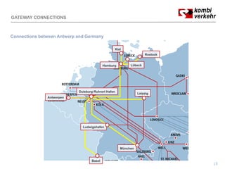 GATEWAY CONNECTIONS



Connections between Antwerp and Germany

                                                     Kiel
                                                                      Rostock


                                           Hamburg           Lübeck




                            Duisburg-Ruhrort Hafen
                                                                  Leipzig
               Antwerpen
               A t




                              Ludwigshafen




                                                        München


                                   Basel
                                                                                3
 