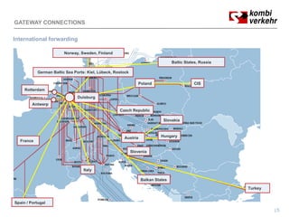 GATEWAY CONNECTIONS

International forwarding

                        Norway, Sweden, Finland

                                                                                 Baltic States Russia
                                                                                        States,

           German Baltic Sea Ports: Kiel, Lübeck, Rostock

                                                               Poland                       CIS
     Rotterdam
                               Duisburg
         Antwerp
                                                    Czech Republic

                                                                            Slovakia



                                                      Austria              Hungary
  France

                                                            Slovenia



                                  Italy

                                                                 Balkan States

                                                                                                        Turkey


Spain / Portugal
                                                                                                                 5
 