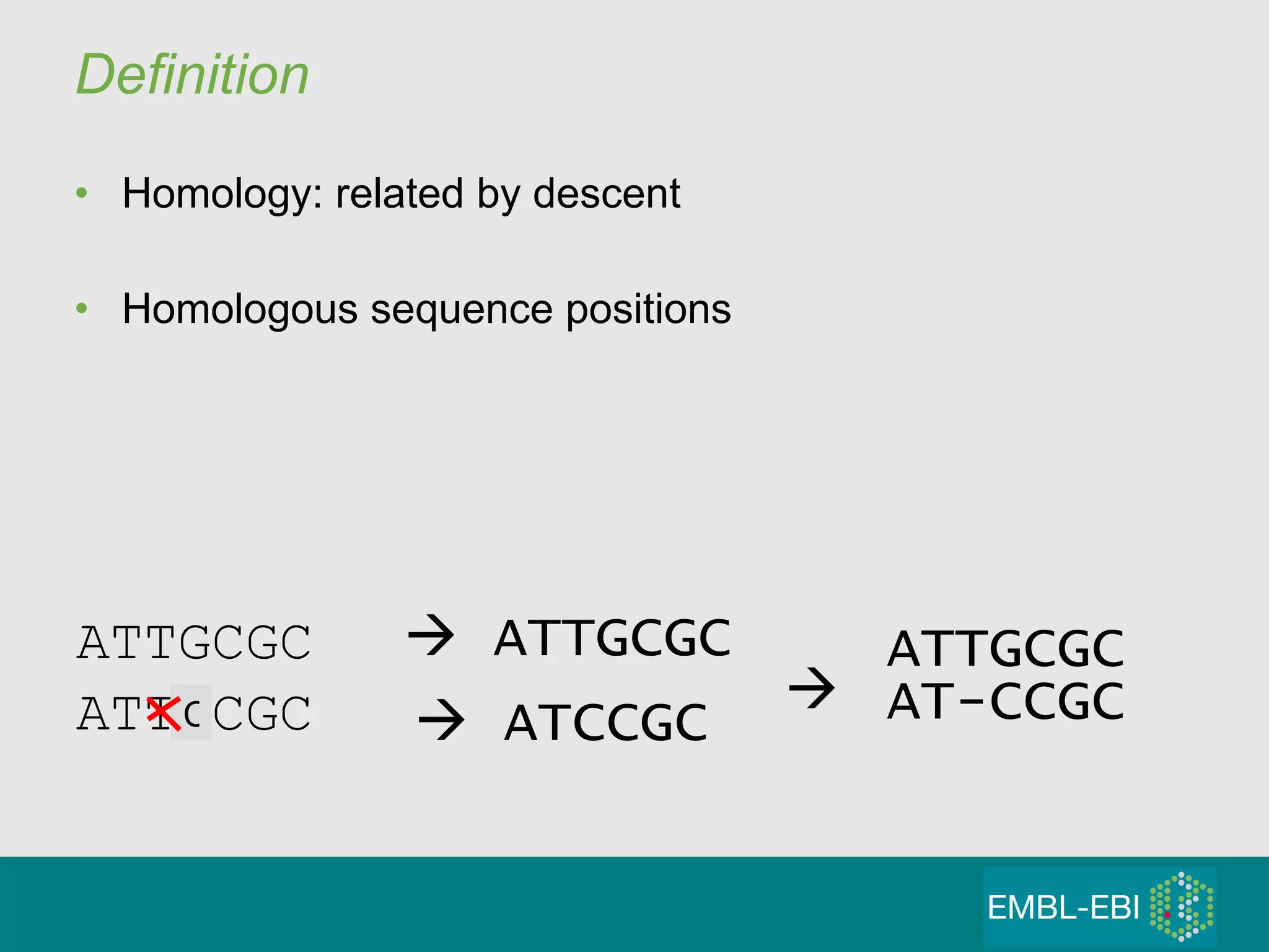 Definition Homology: related by descent Homologous sequence positions ATTGCGC    ATTGCGC    ATCCGC C ATTGCGC AT-CCGC  ATTGCGC 