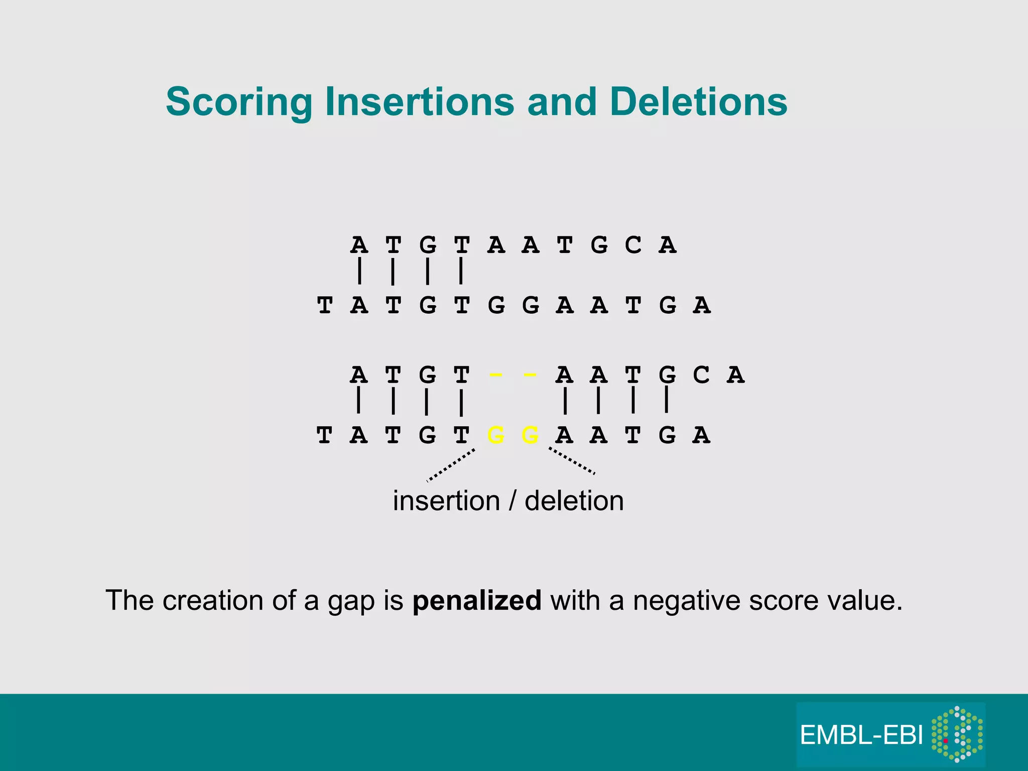 T A T G T  G G  A A T G A  Scoring Insertions and Deletions A T G T  - -  A A T G C A A T G T A A T G C A T A T G T G G A A T G A  The creation of a gap is  penalized  with a negative score value. insertion / deletion 