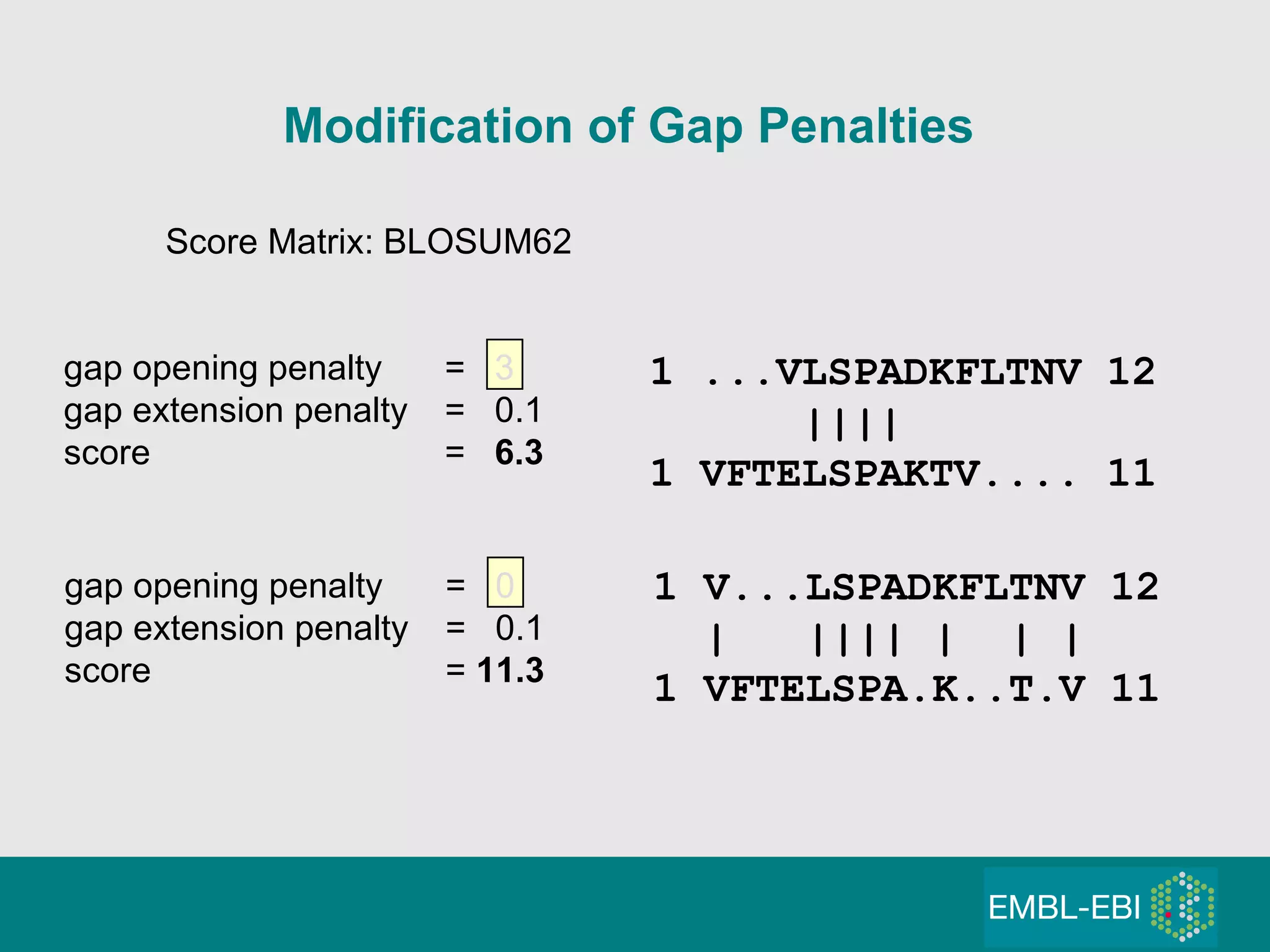 Modification of Gap Penalties 1 V...LSPADKFLTNV 12 |  |||| |  | | 1 VFTELSPA.K..T.V 11 1 ...VLSPADKFLTNV 12 ||||  1 VFTELSPAKTV.... 11 gap opening penalty =  0 gap extension penalty =  0.1 score =  11.3 Score Matrix: BLOSUM62 gap opening penalty =  3 gap extension penalty =  0.1 score =  6.3 