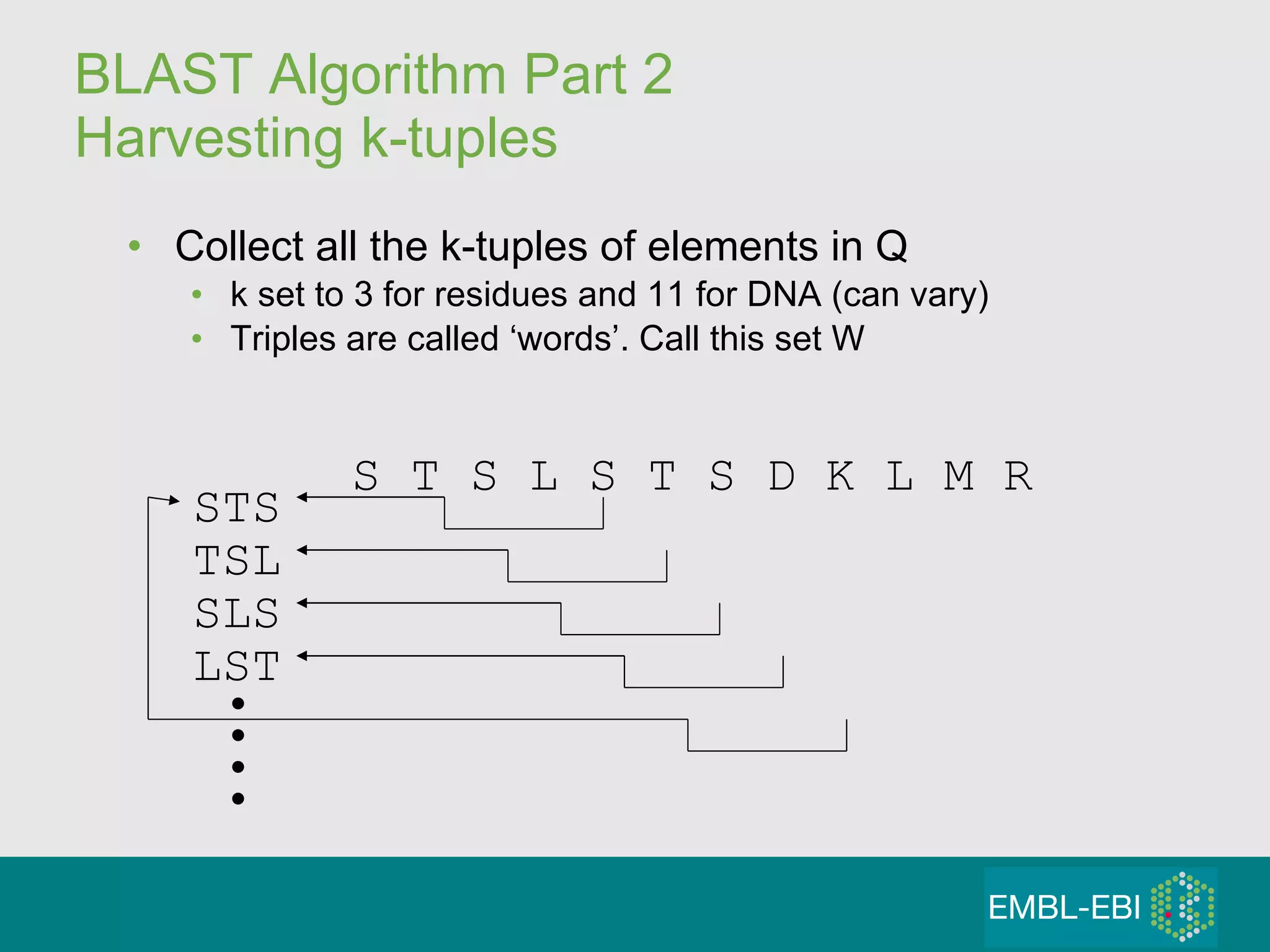 BLAST Algorithm Part 2 Harvesting k-tuples Collect all the k-tuples of elements in Q k set to 3 for residues and 11 for DNA (can vary) Triples are called ‘words’. Call this set W S T S L S T S D K L M R STS TSL SLS LST 