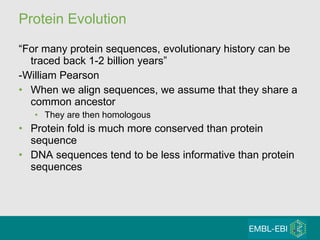 Protein Evolution “ For many protein sequences, evolutionary history can be traced back 1-2 billion years” -William Pearson When we align sequences, we assume that they share a common ancestor They are then homologous Protein fold is much more conserved than protein sequence DNA sequences tend to be less informative than protein sequences 