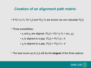 If  F ( i -1, j -1),  F ( i -1, j ) and  F ( i , j -1) are known we can calculate  F ( i , j ) Three possibilities: x i   and  y j  are aligned,  F ( i , j ) =  F ( i -1, j -1) + s( x i  , y j ) x i  is aligned to a gap,  F ( i , j ) =  F ( i -1, j ) -  d y j   is aligned to a gap,  F ( i , j ) =  F ( i , j -1) -  d The best score up to ( i , j ) will be the  largest  of the three options Creation of an alignment path matrix 