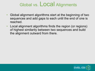 Global vs.  Local  Alignments Global alignment algorithms start at the beginning of two sequences and add gaps to each until the end of one is reached. Local alignment algorithms finds the region (or regions) of highest similarity between two sequences and build the alignment outward from there. 