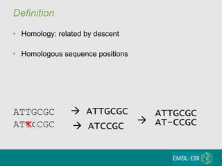 Definition Homology: related by descent Homologous sequence positions ATTGCGC    ATTGCGC    ATCCGC C ATTGCGC AT-CCGC  ATTGCGC 