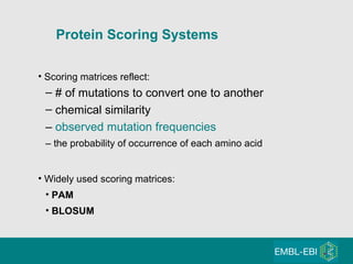 Scoring matrices reflect: # of mutations to convert one to another chemical similarity –  observed mutation frequencies –  the probability of occurrence of each amino acid Widely used scoring matrices: PAM  BLOSUM Protein Scoring Systems 