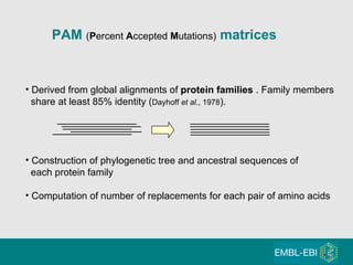 PAM  ( P ercent  A ccepted  M utations)  matrices Derived from global alignments of  protein families  . Family members share at least 85% identity ( Dayhoff  et al ., 1978 ). Construction of phylogenetic tree and ancestral sequences of each protein family Computation of number of replacements for each pair of amino acids 